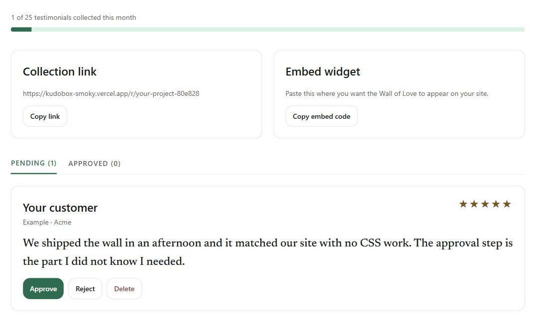 The Kudobox approval dashboard: a pending testimonial with Approve, Reject and Delete controls, above the collection link and the embed code.